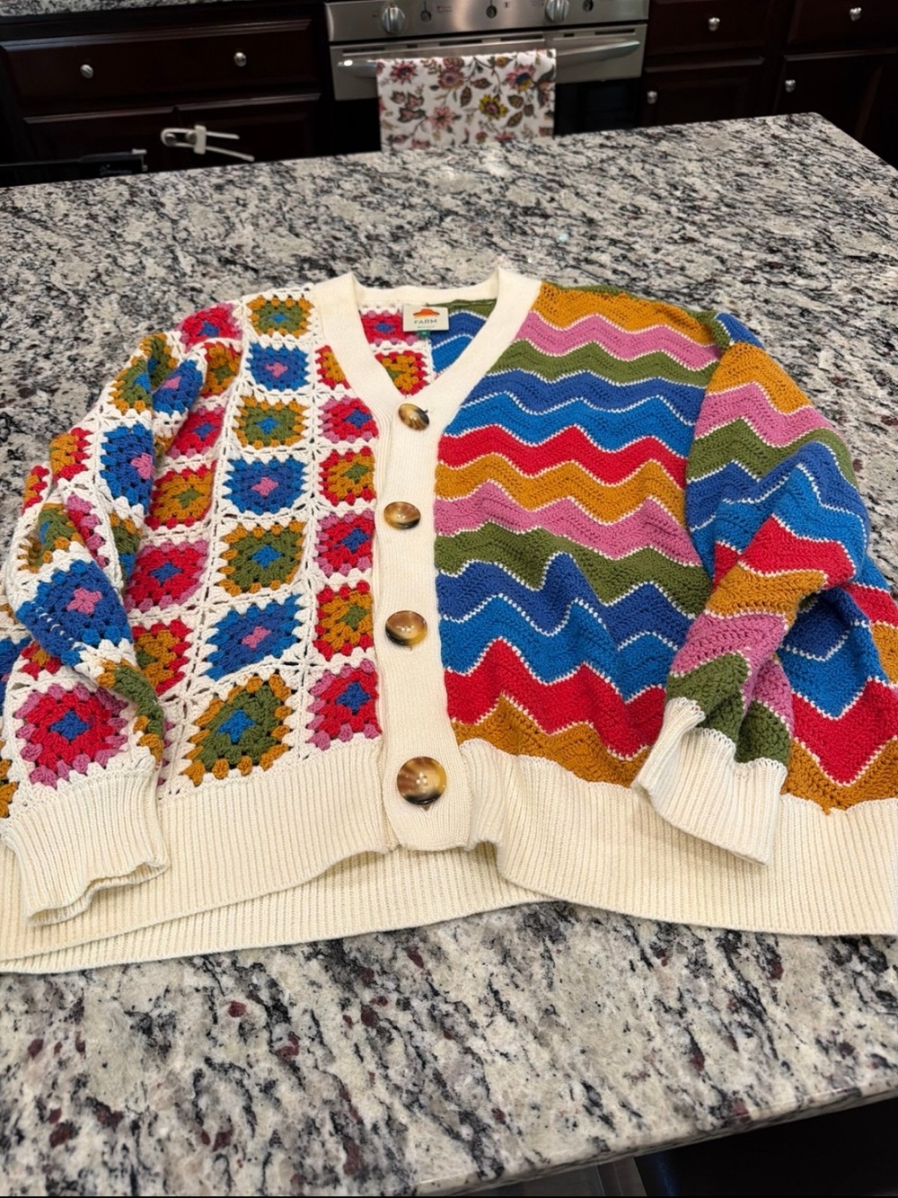 FARM Rio Multicolor Crochet Cardigan with Cream Trim - Picture 3 of 5